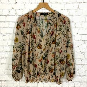 Zara Sheer Beige Floral Elastic Peasant Blouse